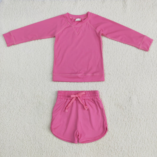 GLS0004 Hot Pink Color Long Sleeve Top Shorts Girls Yoga Outfits