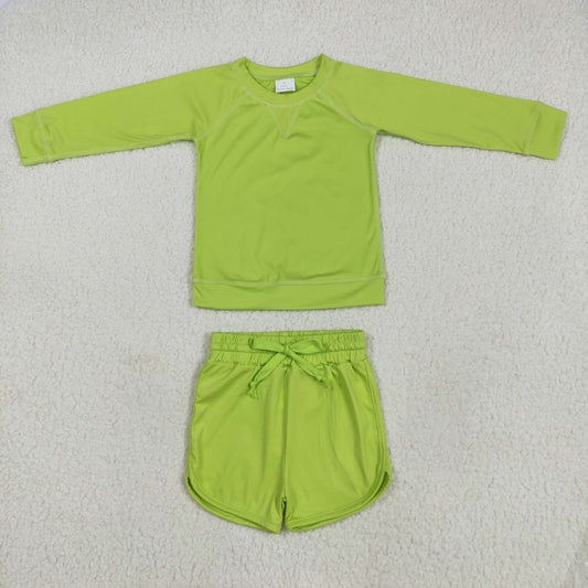 GLS0007 Green Color Long Sleeve Top Pockets Shorts Girls Yoga Outfits