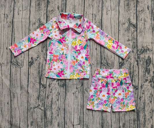 (Pre-order)GLS0012 Colorful Flowers Zipper Top Shorts Girls Yoga Clothes Set