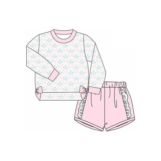 (Pre-order)GLS0014 Flowers Bows Long Sleeve Top Pink Shorts Girls Clothes Set