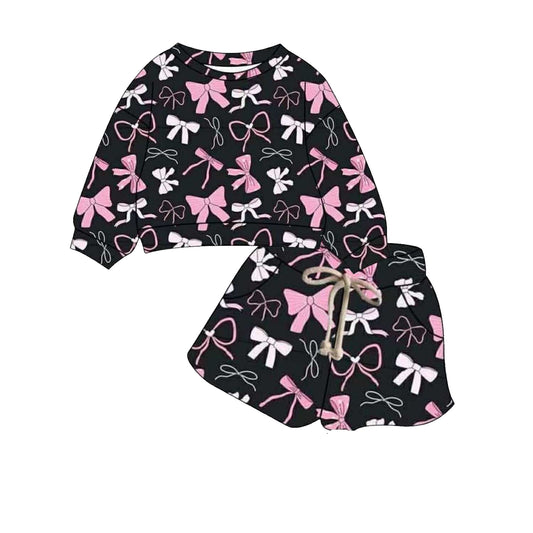 (Pre-order)GLS0015  Pink Bows Print Long Sleeve Top Shorts Girls Clothes Set