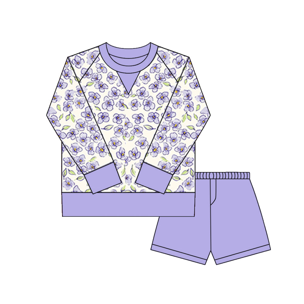 (Pre-order)GLS0029 Flowers Top Purple Shorts Girls Yoga Outfits