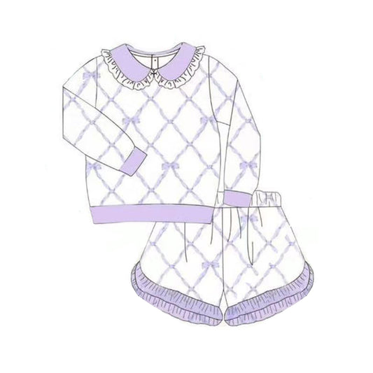 (Pre-order)GLS0032 Purple Bows Print Long Sleeve Top Shorts Girls Clothes Set