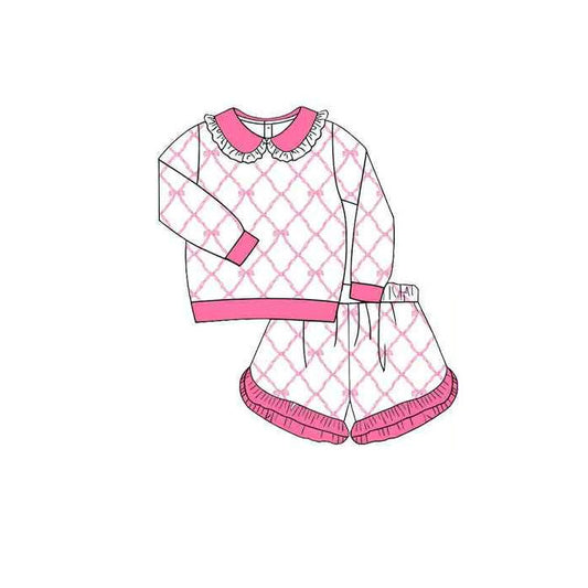 (Pre-order)GLS0035 Bows Pink Print Shorts Girls Clothes Set