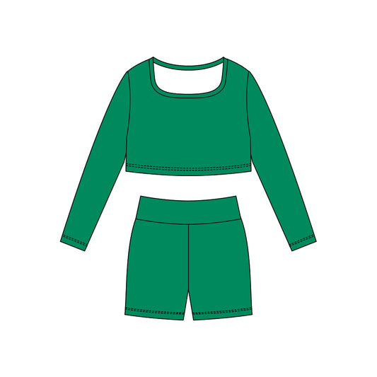 (Pre-order)GLS0044 Green Color Crop Top Shorts Girls Yoga Clothes Set