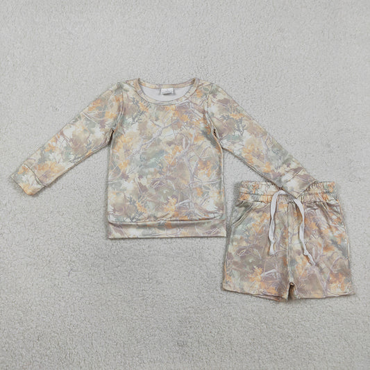 GLS0058 Branch Camo Print Long Sleeve Top Pocket Shorts Kids Clothes Set