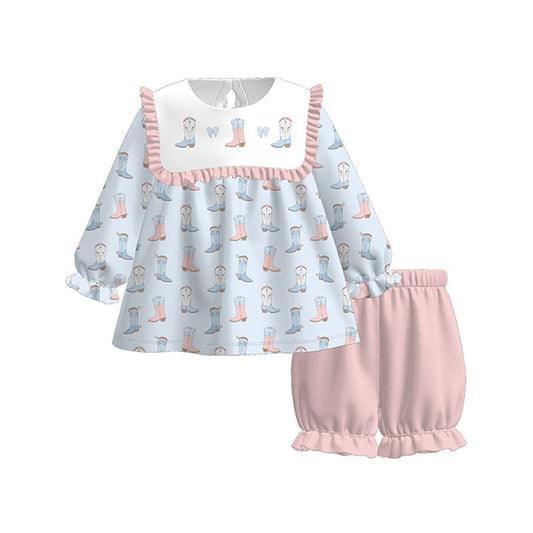 (Pre-order)GLS0060 Boots Bows Tunic Top Pink Shorts Girls Clothes Set