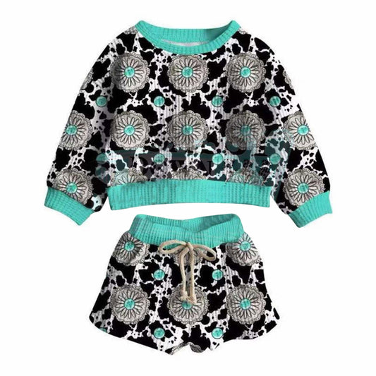 (Pre-order)GLS0064 Turquoise Cows Long Sleeve Top Pockets Shorts Girls Summer Clothes Set