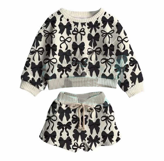 (Pre-order)GLS0066 Black Bows Long Sleeve Top Pockets Shorts Girls Summer Clothes Set