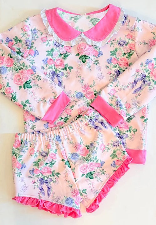 (Pre-order)GLS0082  Pink Flowers Long Sleeve Top Ruffle Shorts Girls Clothes Set