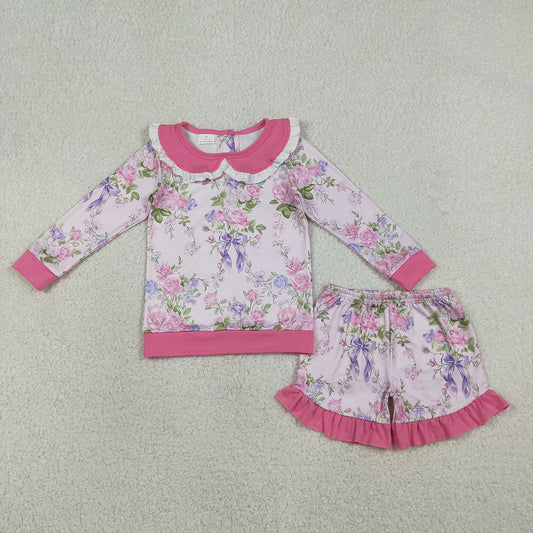 GLS0082  Pink Flowers Long Sleeve Top Ruffle Shorts Girls Clothes Set