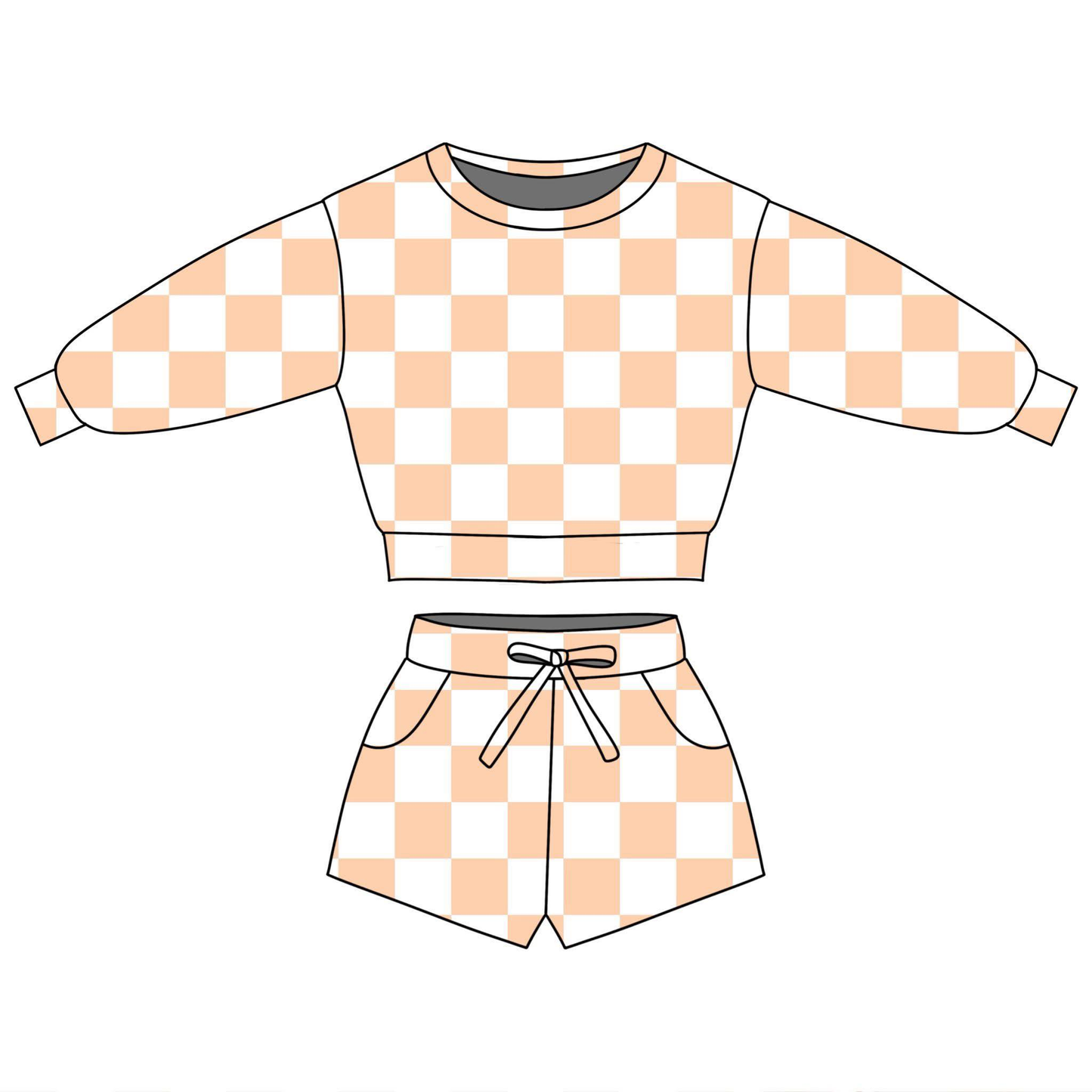 (Pre-order)GLS0083  Orange Plaid Print Long Sleeve Top Pockets Shorts Girls Summer Clothes Set