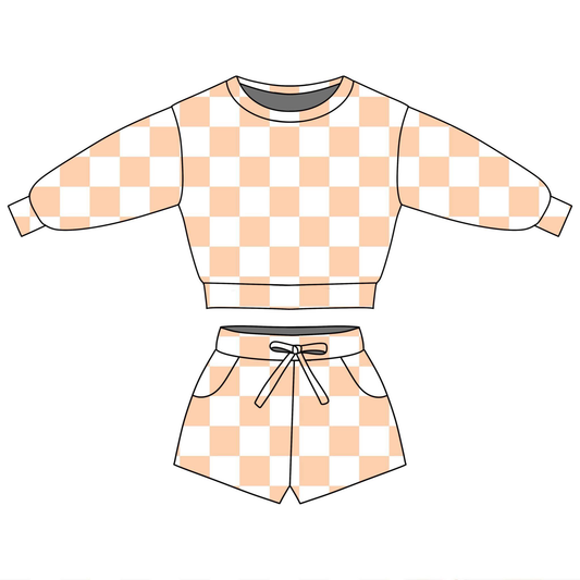 (Pre-order)GLS0083  Orange Plaid Print Long Sleeve Top Pockets Shorts Girls Summer Clothes Set