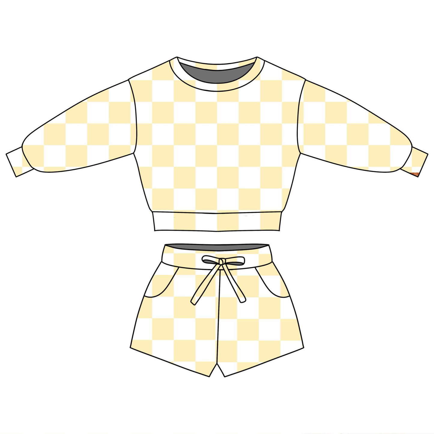 (Pre-order)GLS0084  Yellow Plaid Print Long Sleeve Top Pockets Shorts Girls Summer Clothes Set