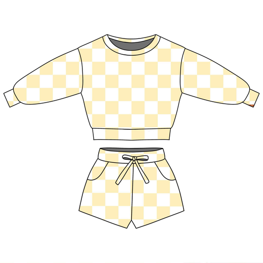 (Pre-order)GLS0084  Yellow Plaid Print Long Sleeve Top Pockets Shorts Girls Summer Clothes Set