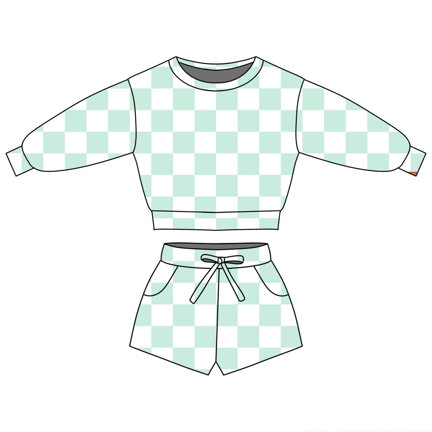 (Pre-order)GLS0085  Aqua Plaid Print Long Sleeve Top Pockets Shorts Girls Summer Clothes Set