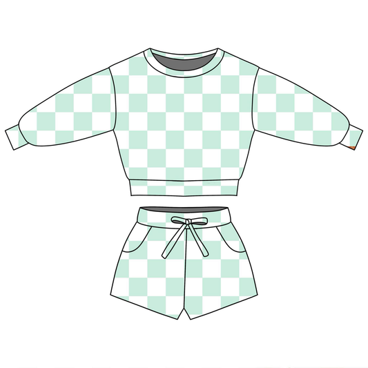 (Pre-order)GLS0085  Aqua Plaid Print Long Sleeve Top Pockets Shorts Girls Summer Clothes Set