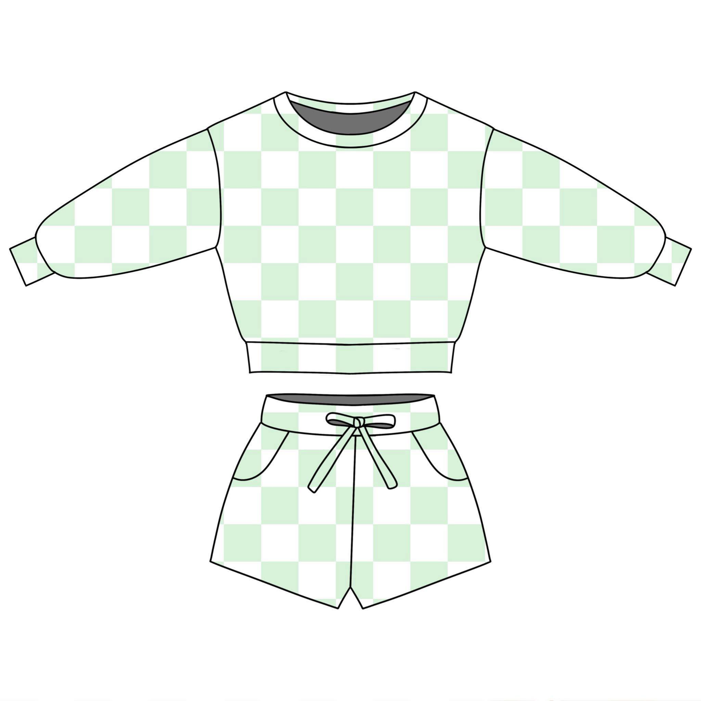 (Pre-order)GLS0086  Light Green Plaid Print Long Sleeve Top Pockets Shorts Girls Summer Clothes Set