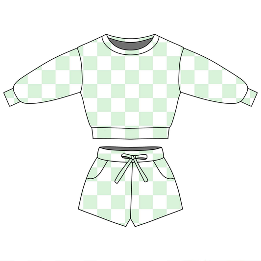 (Pre-order)GLS0086  Light Green Plaid Print Long Sleeve Top Pockets Shorts Girls Summer Clothes Set