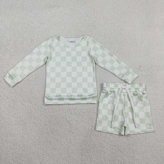 GLS0086  Light Green Plaid Print Long Sleeve Top Pockets Shorts Girls Summer Clothes Set