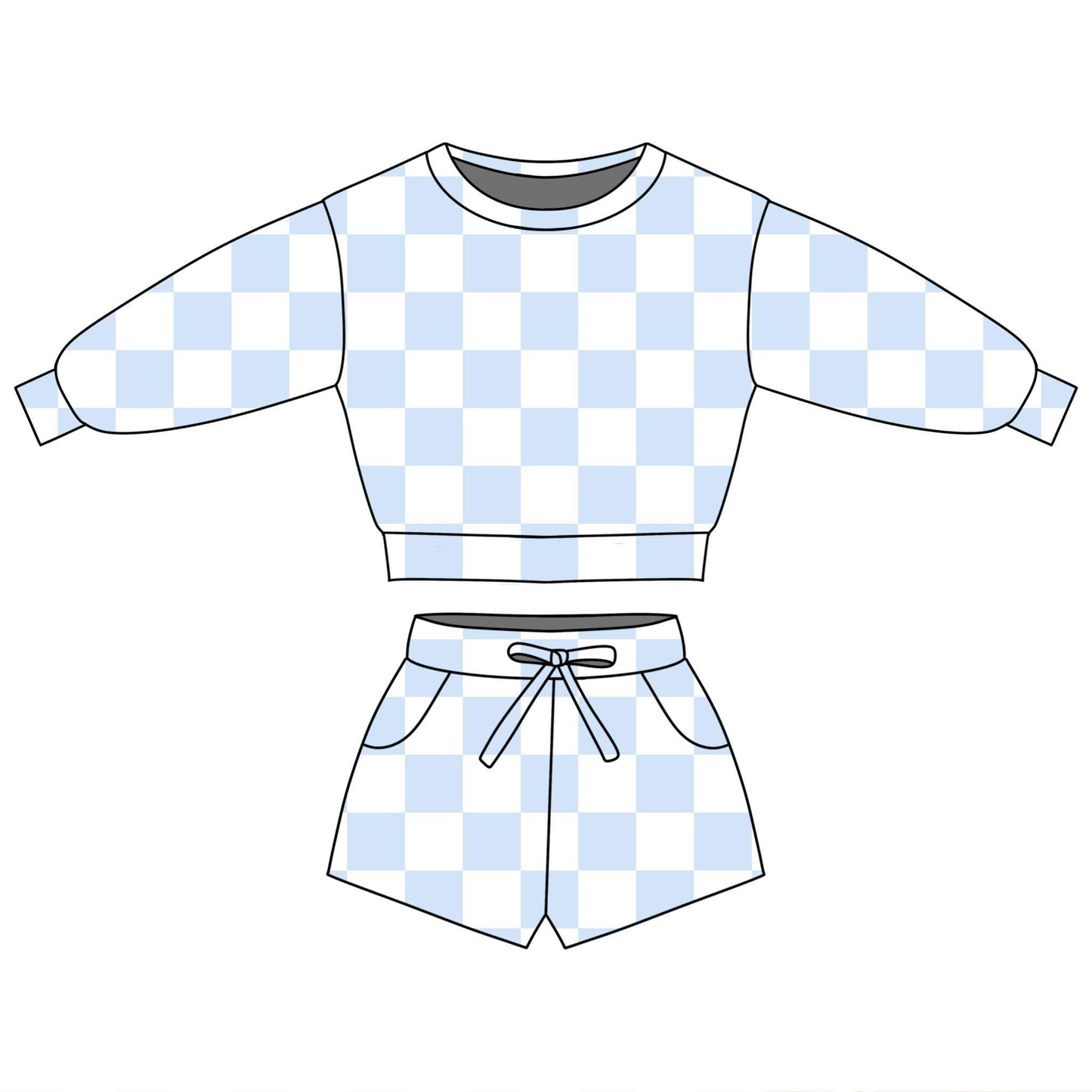 (Pre-order)GLS0087  Blue Plaid Print Long Sleeve Top Pockets Shorts Girls Summer Clothes Set