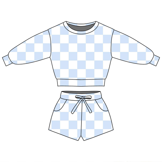 (Pre-order)GLS0087  Blue Plaid Print Long Sleeve Top Pockets Shorts Girls Summer Clothes Set