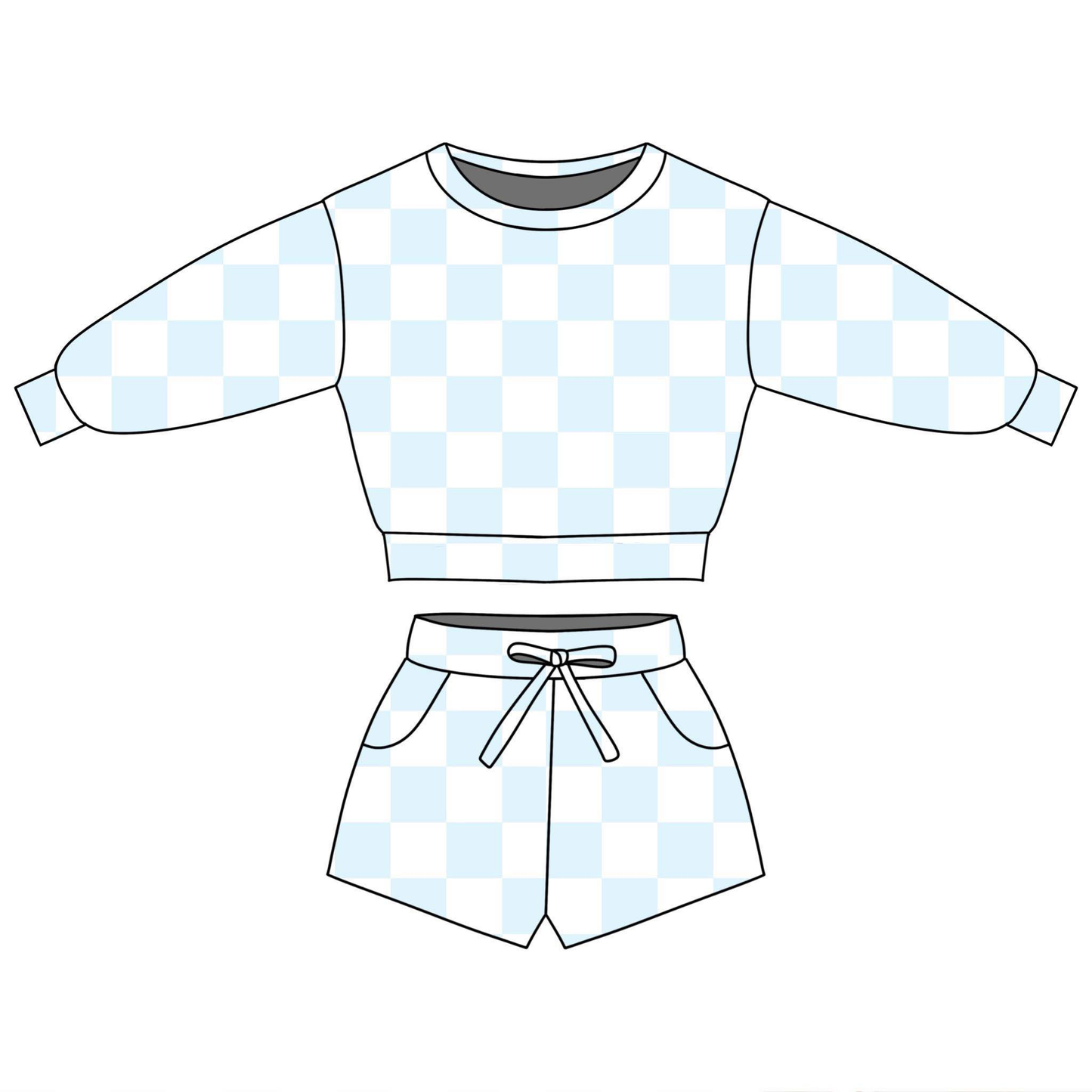 (Pre-order)GLS0088  Light Blue Plaid Print Long Sleeve Top Pockets Shorts Girls Summer Clothes Set
