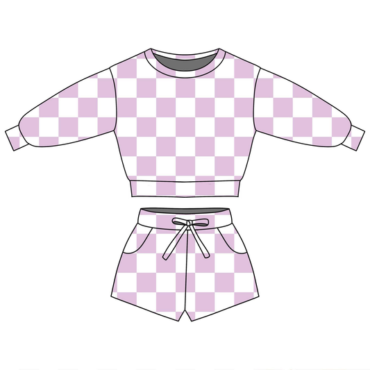 (Pre-order)GLS0089  Pink Plaid Print Long Sleeve Top Pockets Shorts Girls Summer Clothes Set