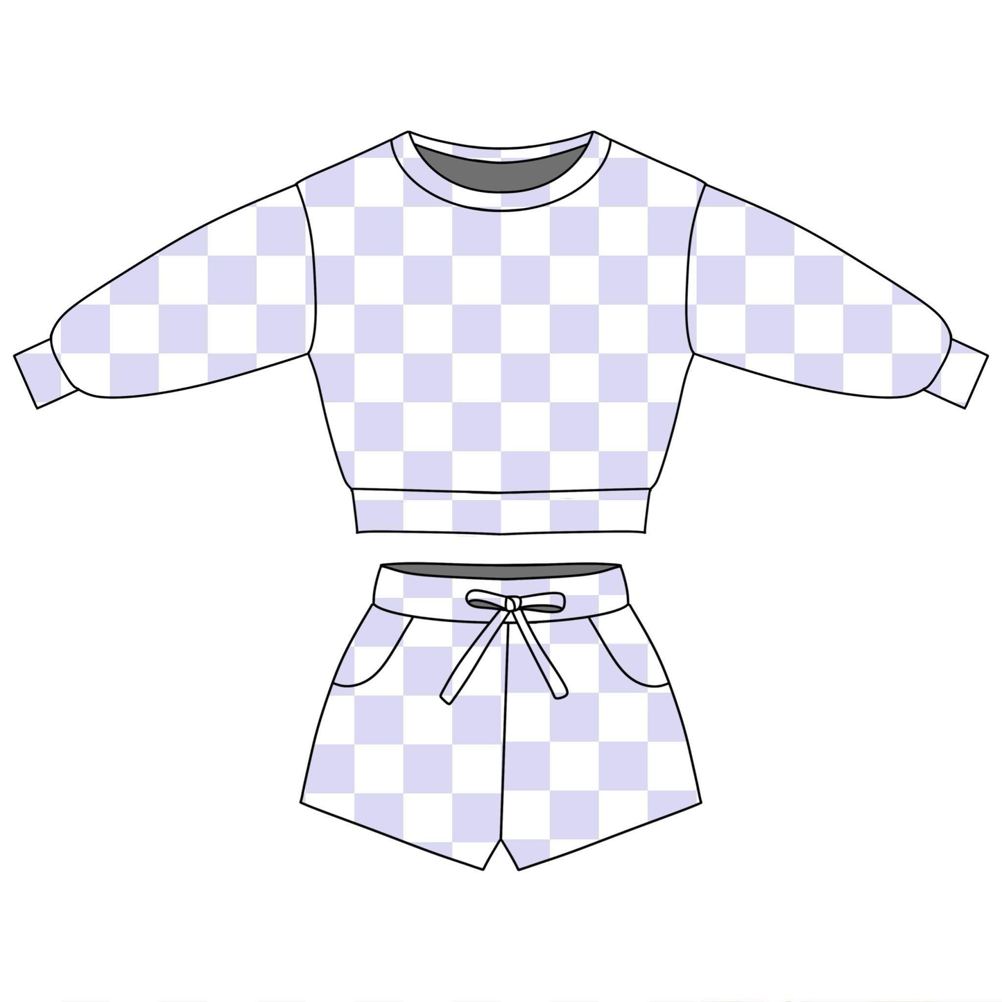 (Pre-order)GLS0090  Purple Plaid Print Long Sleeve Top Pockets Shorts Girls Summer Clothes Set