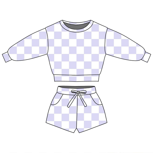 (Pre-order)GLS0090  Purple Plaid Print Long Sleeve Top Pockets Shorts Girls Summer Clothes Set