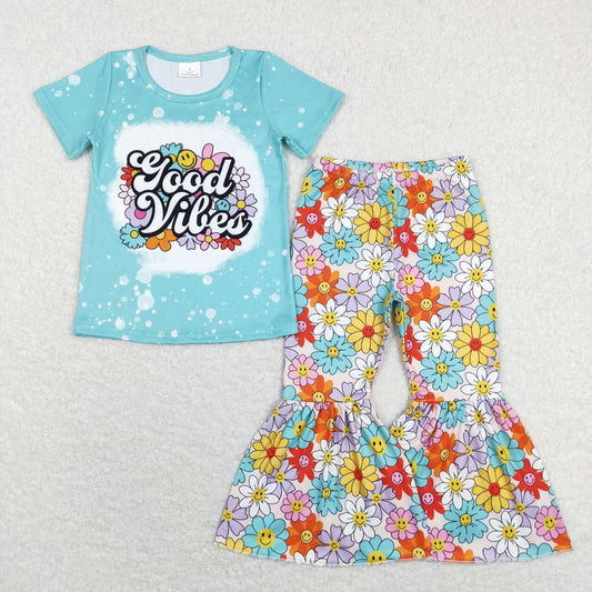 GSPO1239 Smiling Face Flowers Print Blue Top Bell Pants Girls Clothes Set
