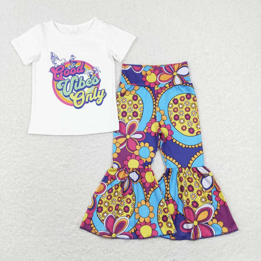 GSPO1240 Flowers Peace Dove Print Top Bell Pants Girls Clothes Set