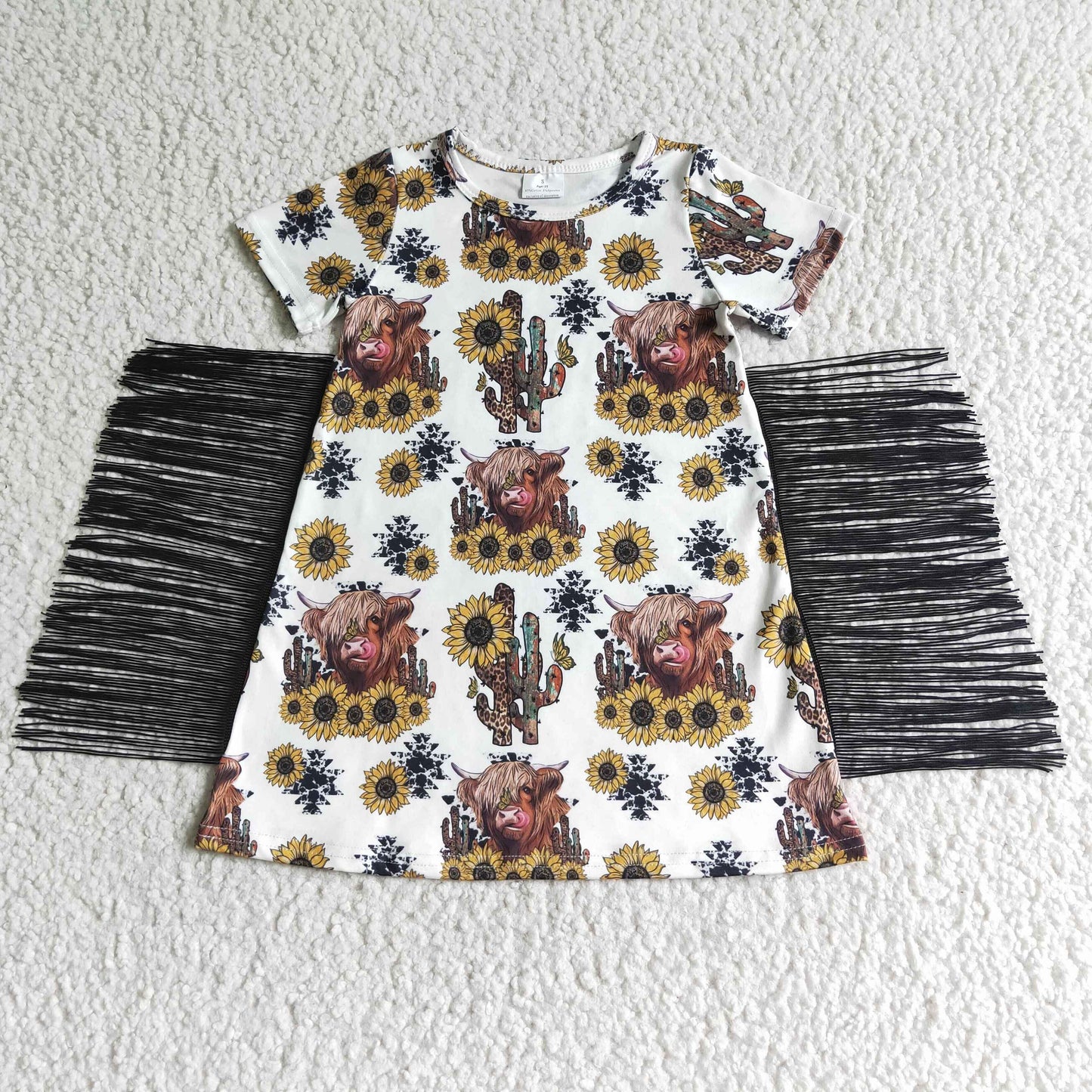 (Promotion)Short Sleeves knee length sunflower highland cow print tassels dress  GSD0084