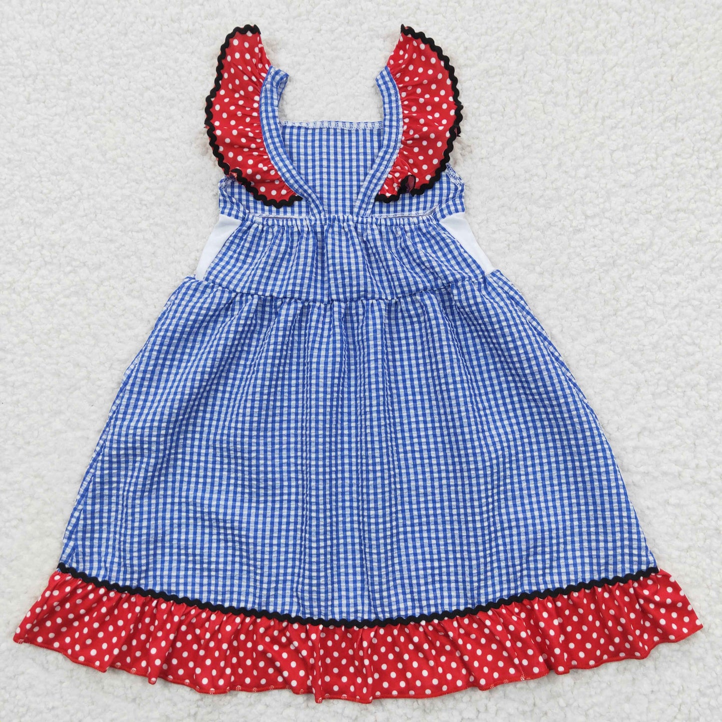 (Promotion)GSD0191 Girls flag print embroidery 4th of July blue plaid seersucker dress