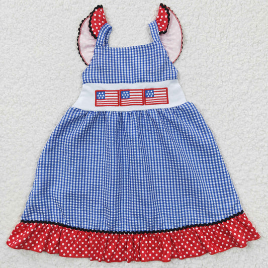 (Promotion)GSD0191 Girls flag print embroidery 4th of July blue plaid seersucker dress