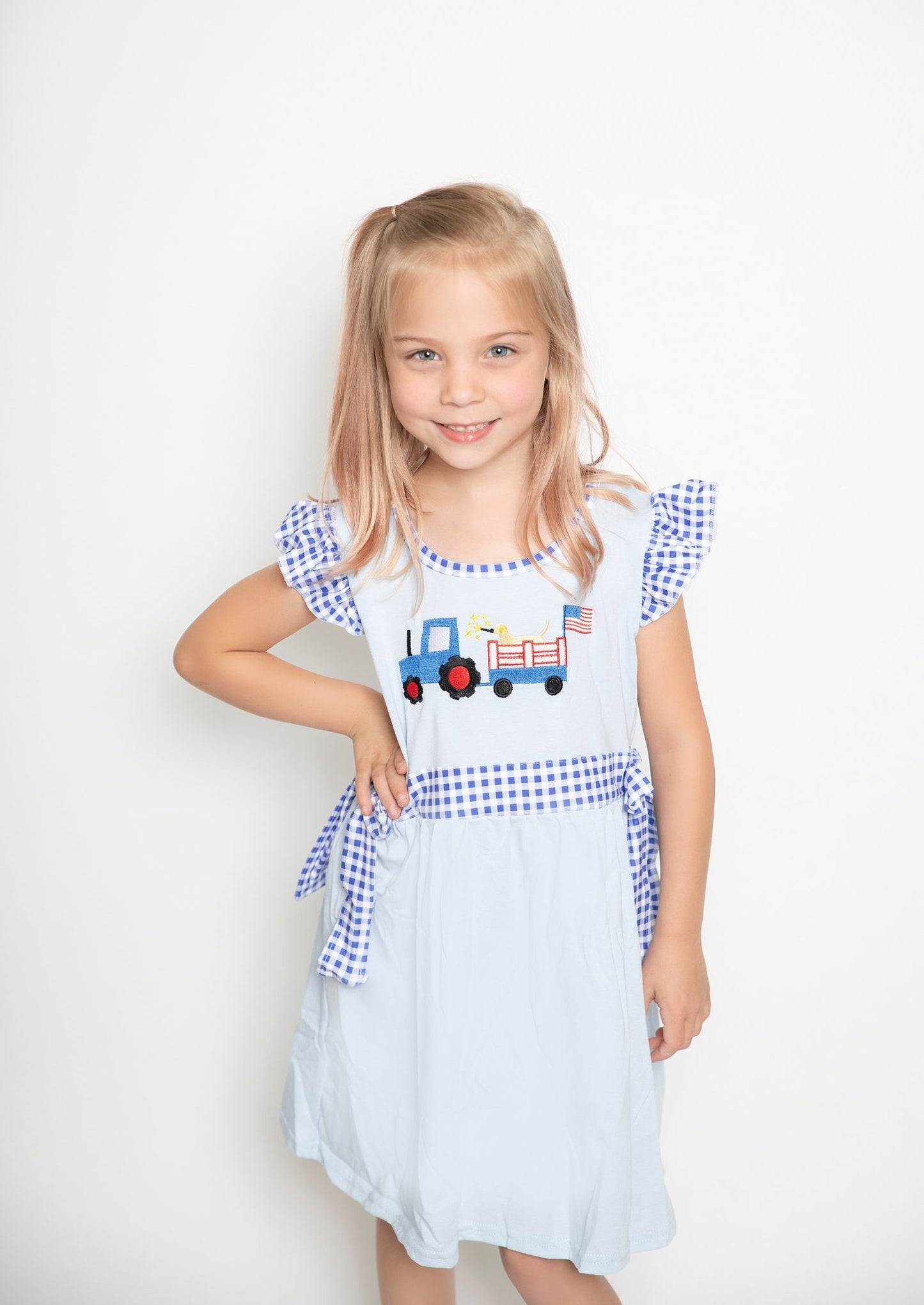 Girls truck dog flag print 4th of July dress   GSD0279