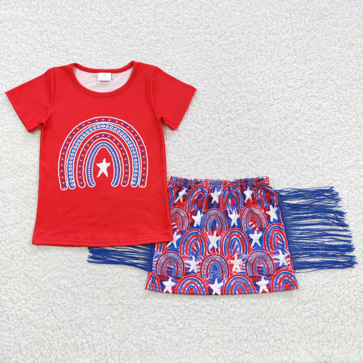 GSD0338 Girls blue & red rainbow print tassels skirt 4th of July outfits