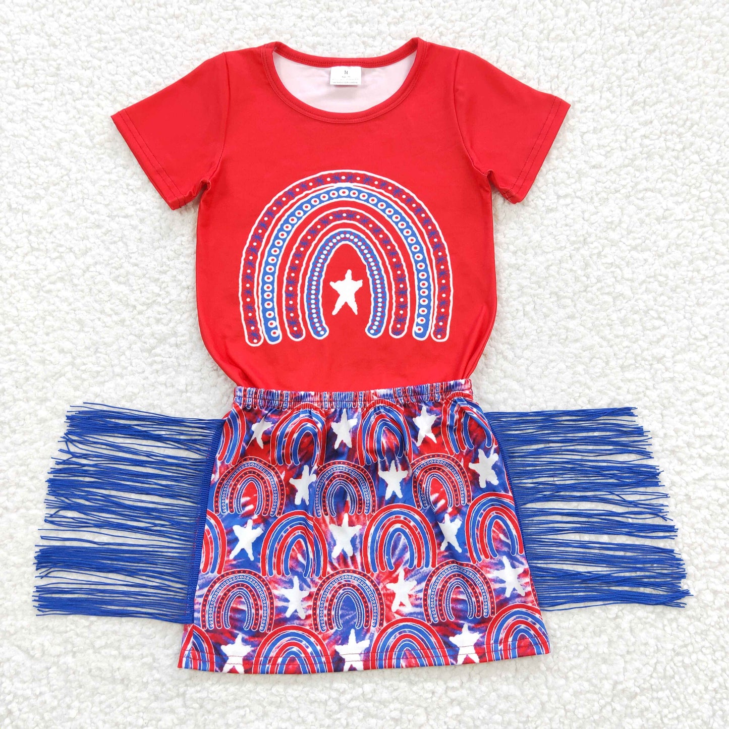 GSD0338 Girls blue & red rainbow print tassels skirt 4th of July outfits