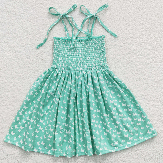 (Promotion)GSD0351 Girls spaghetti strap green butterfly summer smocked dress