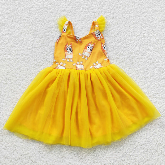 GSD0356 Orange cartoon dog tulle girls summer dress