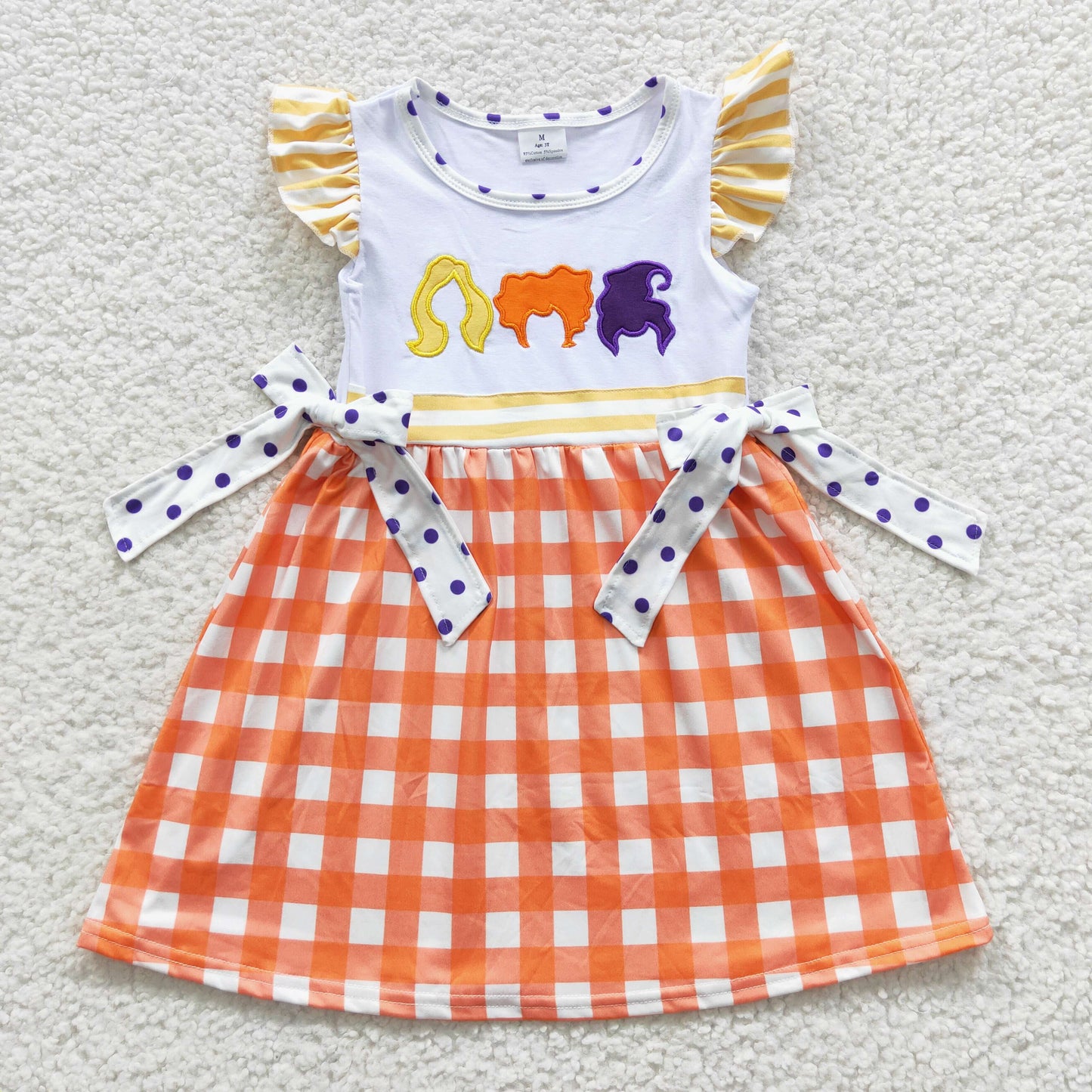 Girls flutter sleeves knee length orange plaid Halloween dress GSD0382