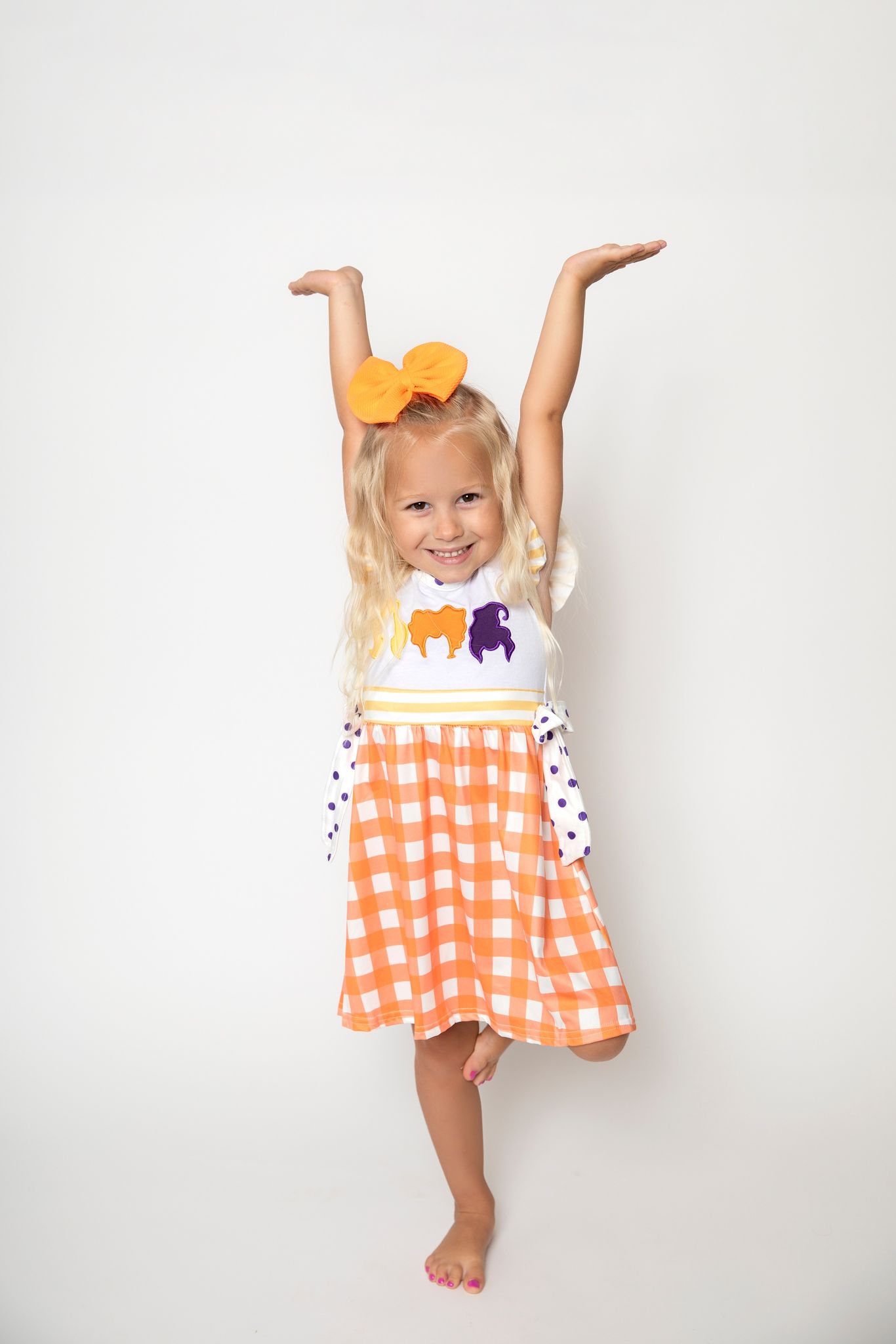 Girls flutter sleeves knee length orange plaid Halloween dress GSD0382