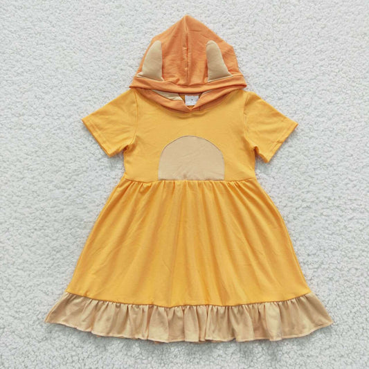 GSD0385 Girls orange cartoon dog design hoodie summer dress