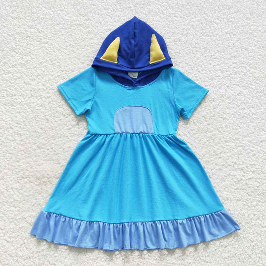 GSD0386 Girls blue cartoon dog design hoodie summer dress