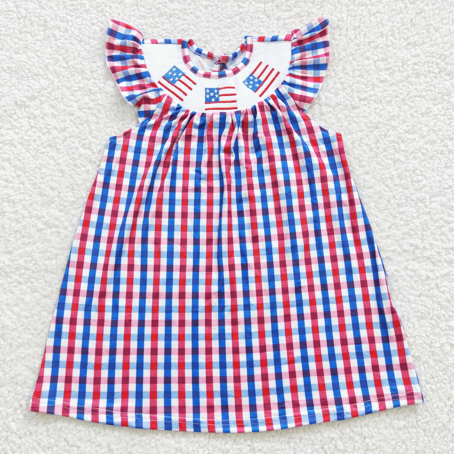 GSD0387 Smocked Gingham knee length flag embroidery girls 4th of July dress