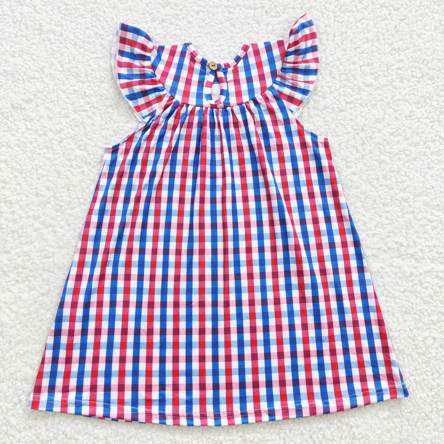 GSD0387 Smocked Gingham knee length flag embroidery girls 4th of July dress