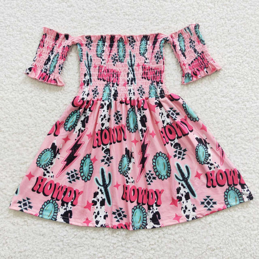 GSD0388 Howdy pink western print off shoulder girls smocked summer dress