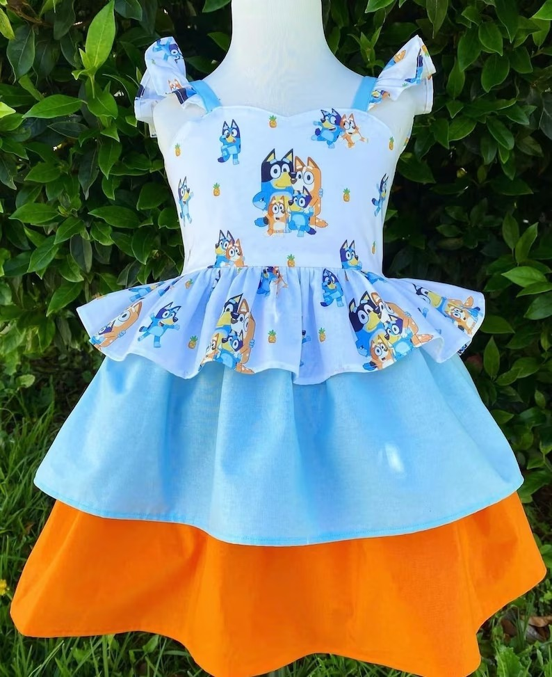 GSD0396 Blue cartoon dogs knee length girls summer dress