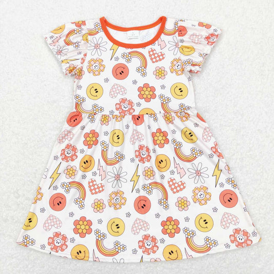 GSD0404 Smiling Face Flowers Rainbow Print Girls Summer Dress