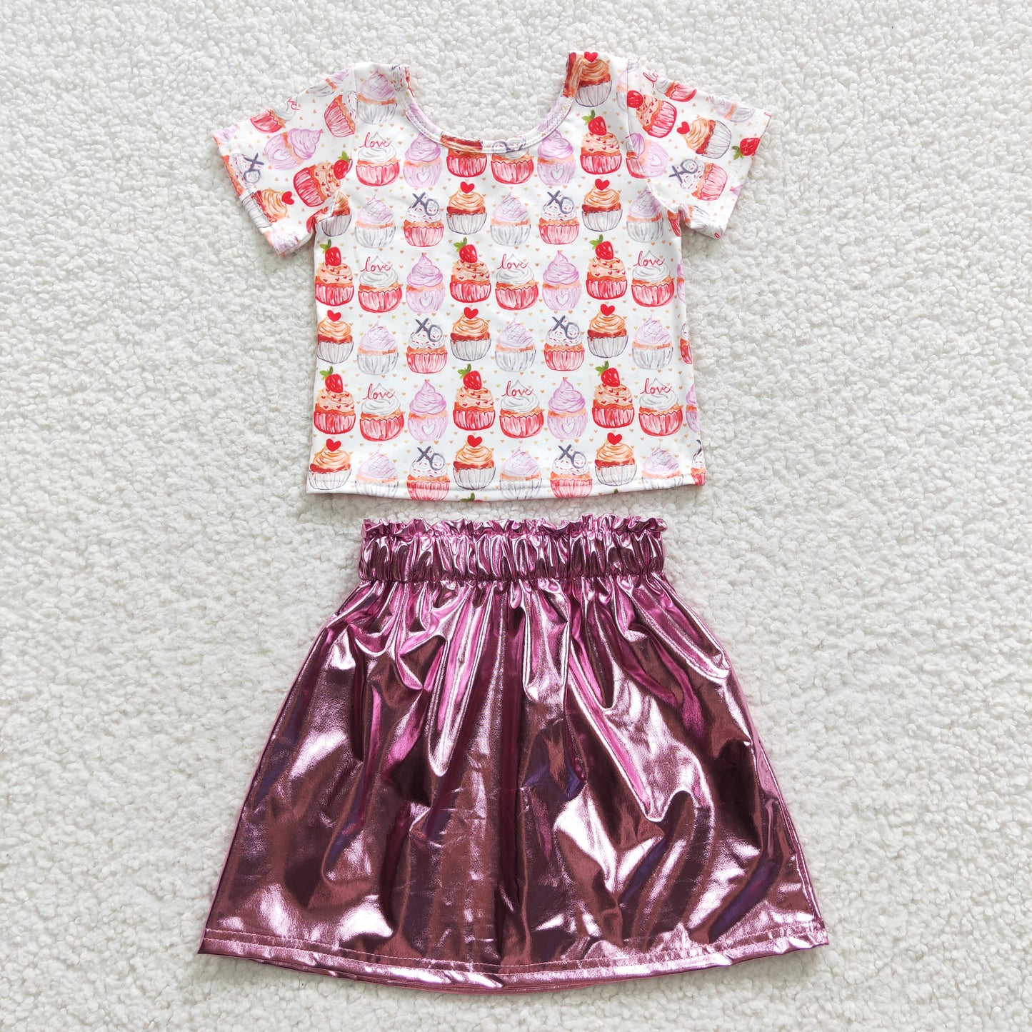 GSD0412 Girls pink cupcake top leather skirt Valentine's Day clothes set